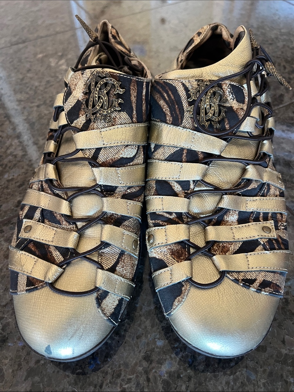 Roberto Cavalli Gold and Brown Snake-Print Strappy Sneakers